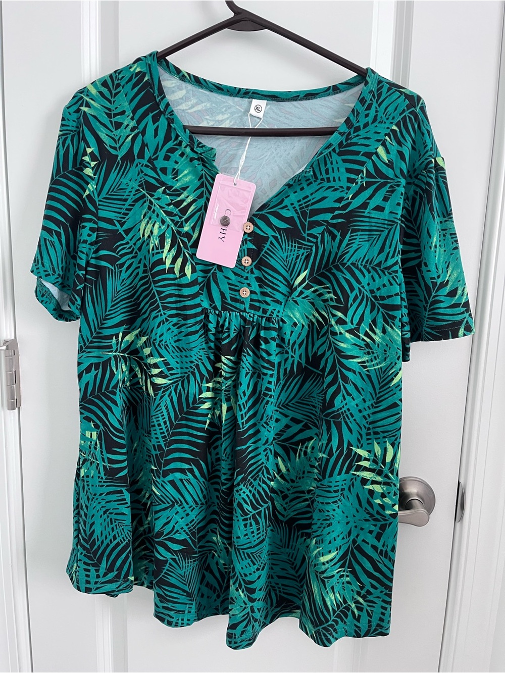 CATHY Women's XL Green Tropical Palm Leaf Print Short Sleeve Blouse
